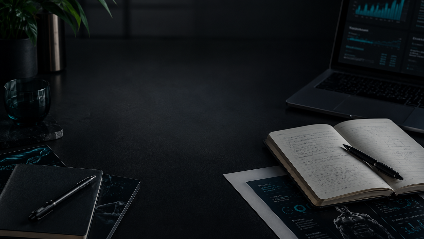 Dark desk workspace with notebook, laptop, and teal-accented screens